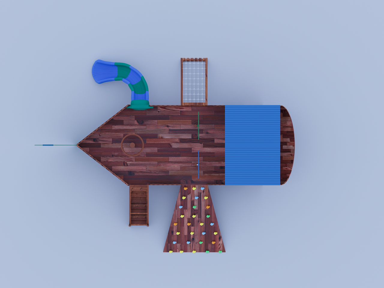 Early top-down 3D render of the wooden pirate ship playground showing the hull outline, slide, climbing wall and tunnel layout.