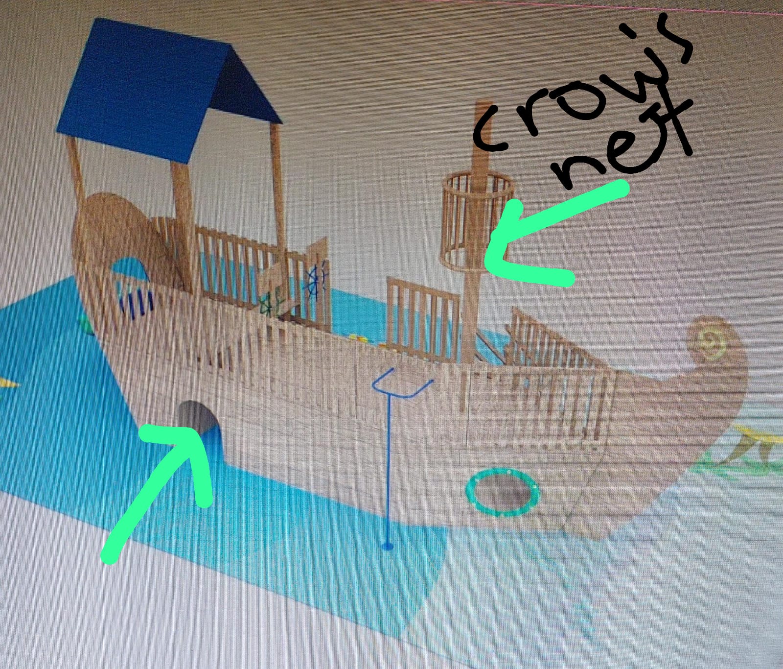 Annotated 3D render of the pirate ship playground marking the crow's nest watchtower and tunnel entrance during a design revision.