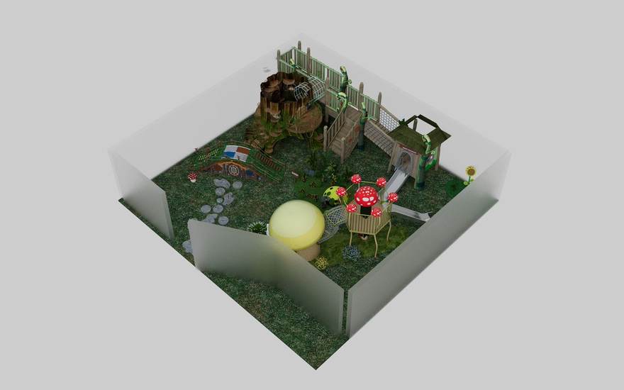 First 3D concept for a custom indoor playground by Honplay: roof-cut hobbit treehouse, mushroom platform, aerial bridge and artificial grass floor in a 113 square metre room