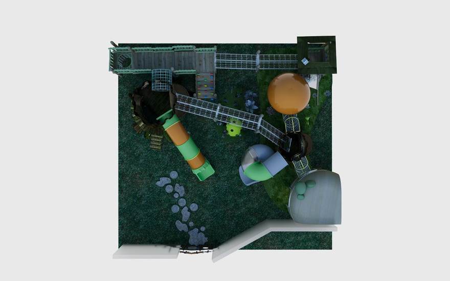 Revised 3D render of the bespoke forest indoor playground showing the reading house, tunnel bridge and two-level circulation