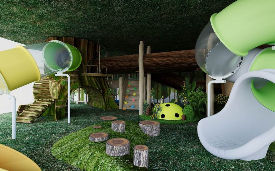 Child's eye level render of a themed indoor playground concept, used to evaluate what a child actually sees on entering the custom play space