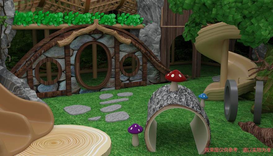 Render of the hobbit door entrance with artificial stone wall, crawl tunnel and log stepping stones in a custom forest themed indoor playground by Honplay