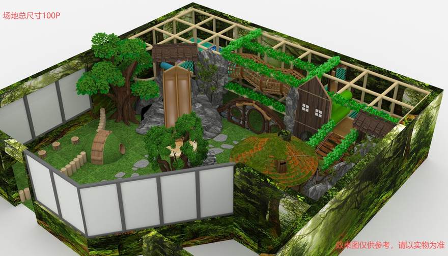 Alternative angle of the customized indoor playground render showing artificial trees, tunnel and themed slide within a 3 metre clear height
