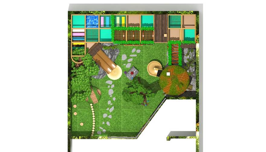 Top view plan render of the custom indoor playground layout showing circulation, toddler zone, softplay structure and site boundary