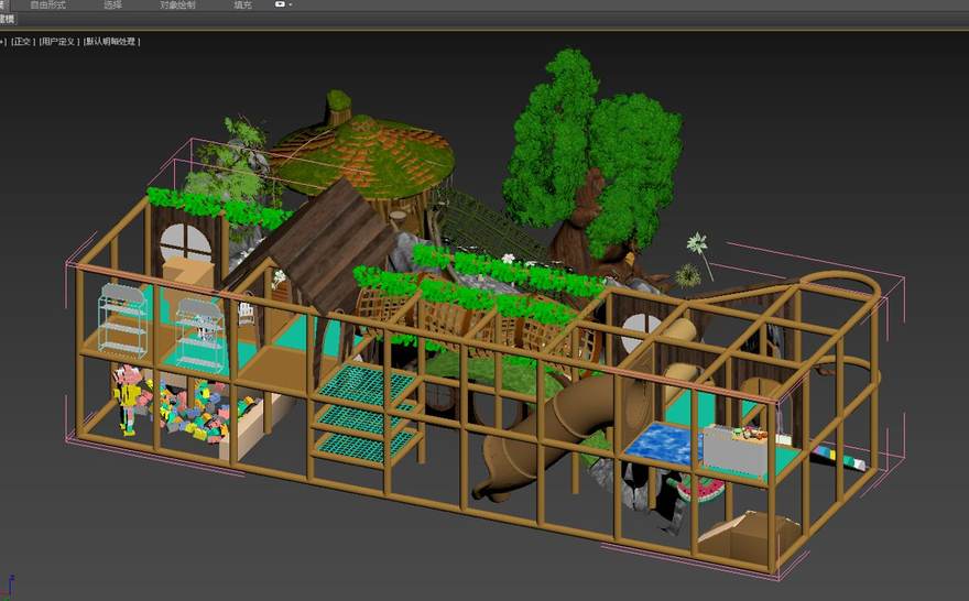 3ds Max working model of the two-level softplay structure interior for a customized indoor playground, with every bay individually specified