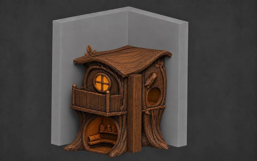 Redesigned corner treehouse for a custom indoor playground: reading nook below, terrace above, clearing the HVAC duct and structural pillar within 3 metres of headroom
