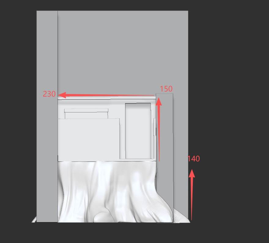 Dimensioned massing study of the redesigned treehouse for a low-ceiling custom indoor playground, showing 230 cm width, 150 cm upper level and 140 cm platform height