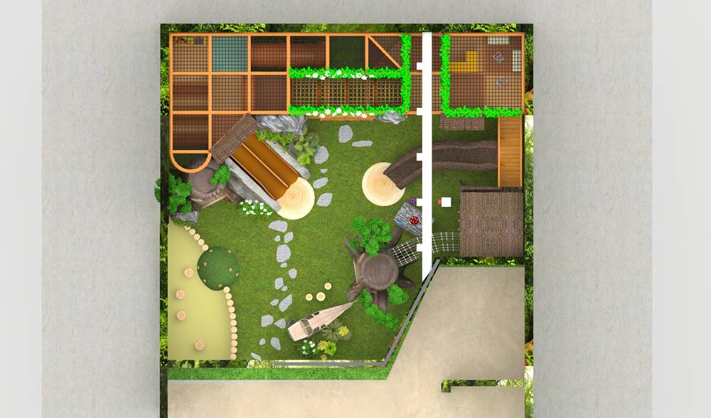 Plan render of the final custom indoor playground layout showing the twin slide, climbing trees, aerial bridge, softplay structure and toddler zone