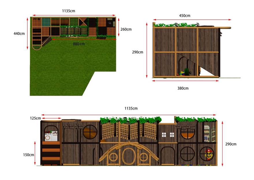 Dimensioned three-view engineering drawing of the two-level softplay structure for the TreToppen custom indoor playground: 11.35 m long, 2.90 m high, with hobbit door façade