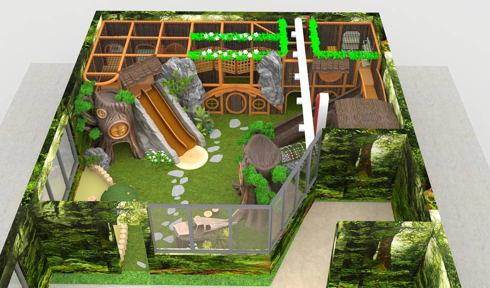 Alternate overview of the bespoke forest indoor playground showing the hobbit entrance façade, twin slide with artificial rock walls, aeroplane feature and glazed parents' viewing area
