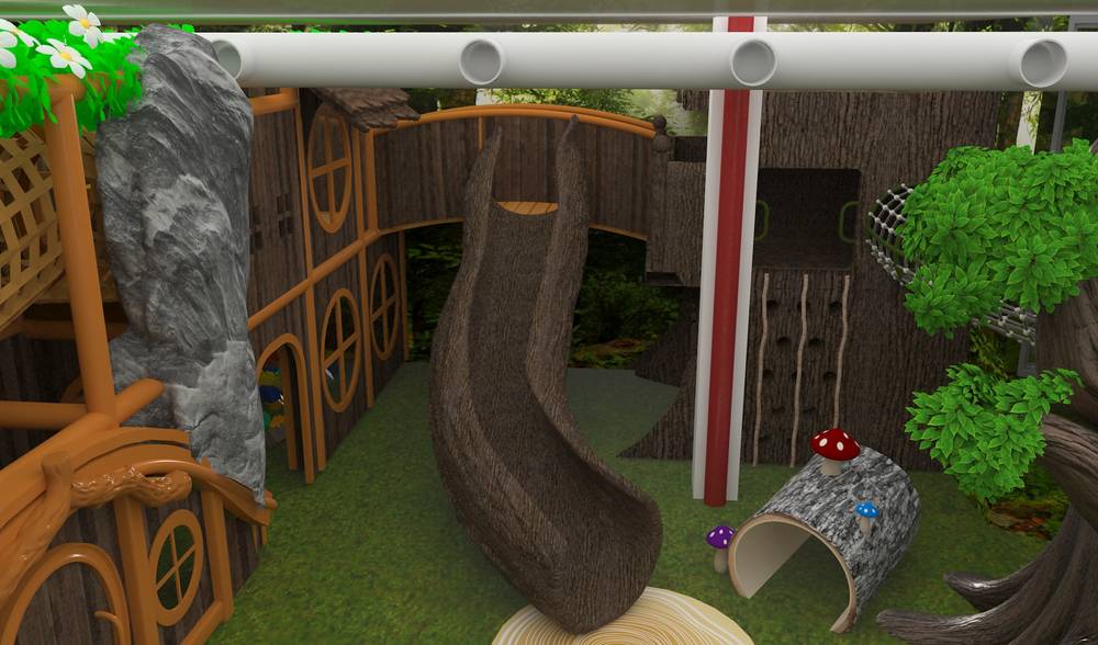 Render of the tree-trunk slide against the timber softplay façade in a custom themed indoor playground, with the HVAC duct visible above showing how headroom was negotiated